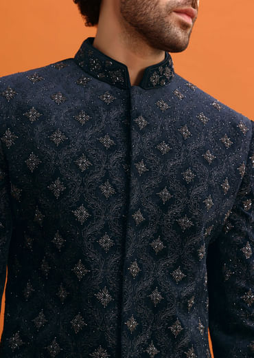 Navy Blue Velvet Indowestern Set With Hand Work For Men