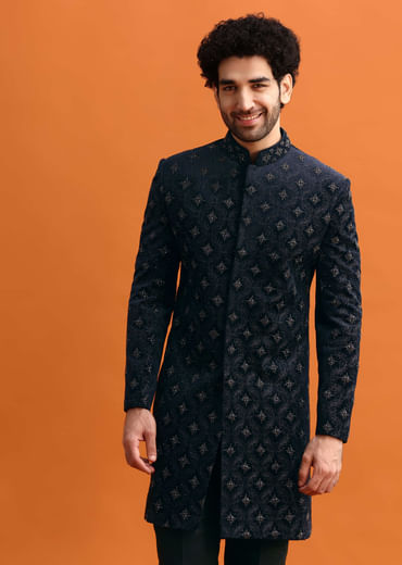 Navy Blue Velvet Indowestern Set With Hand Work For Men