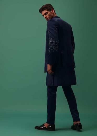 Navy Suede Jodhpuri And Kurta Set With Antique Geometric Embroidery