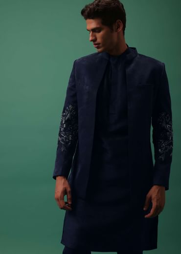 Navy Suede Jodhpuri And Kurta Set With Antique Geometric Embroidery