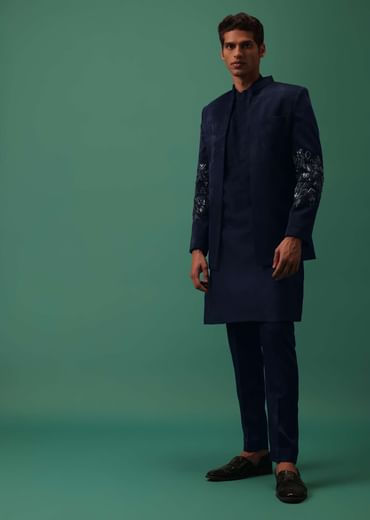Navy Suede Jodhpuri And Kurta Set With Antique Geometric Embroidery