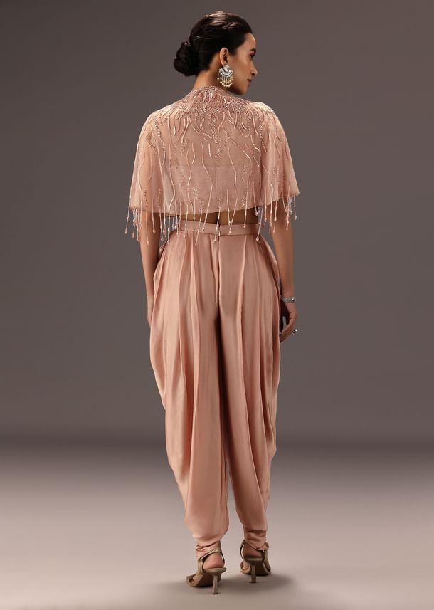 Nude Pleated Blouse With Tassel Cape And Dhoti Pants