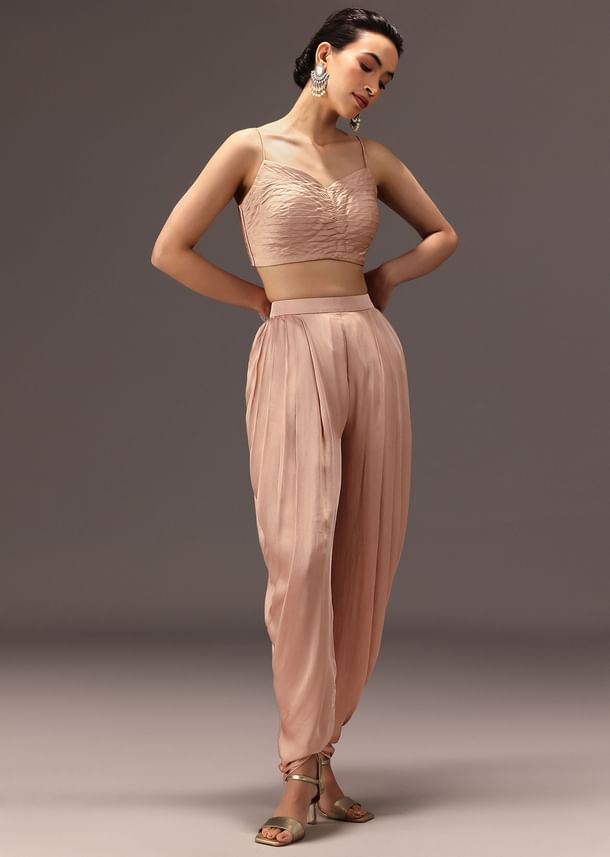Nude Pleated Blouse With Tassel Cape And Dhoti Pants