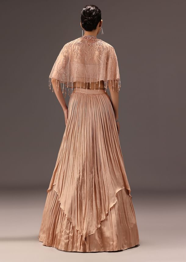 nude Ruched Blouse With Cape And Layered Skirt
