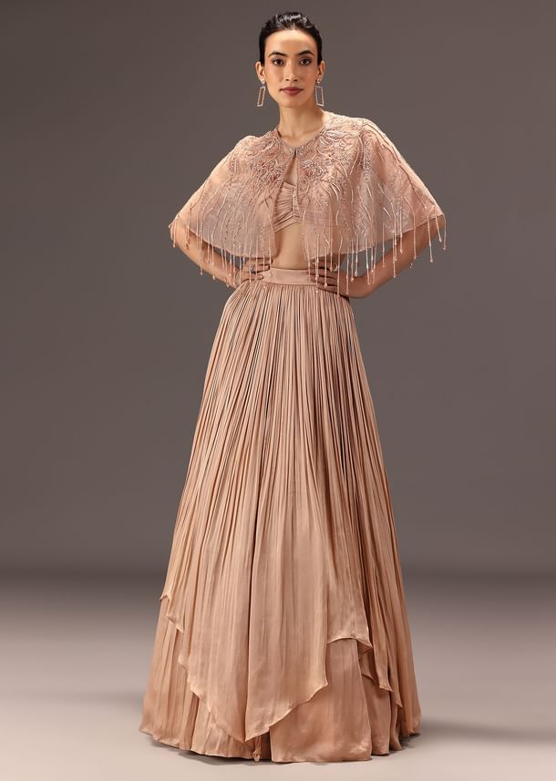 nude Ruched Blouse With Cape And Layered Skirt