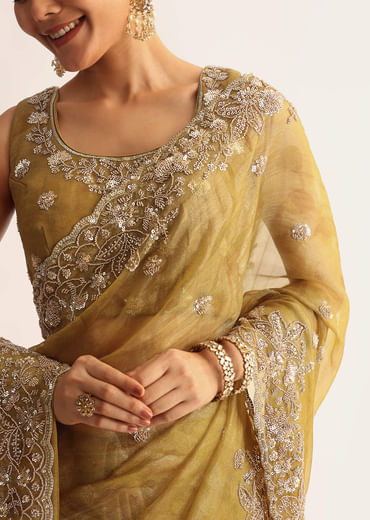 Occur Yellow Tissue Floral Saree With Scallop Embroidered Border