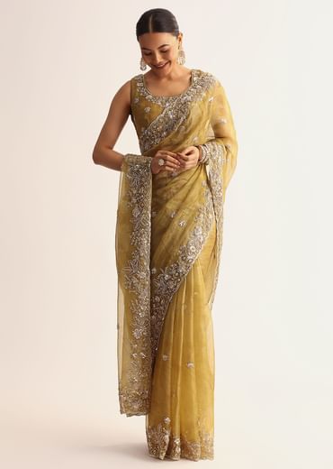 Occur Yellow Tissue Floral Saree With Scallop Embroidered Border