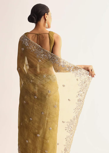 Occur Yellow Tissue Floral Saree With Scallop Embroidered Border