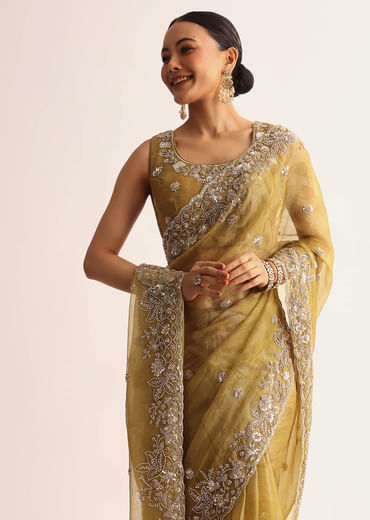 Occur Yellow Tissue Floral Saree With Scallop Embroidered Border
