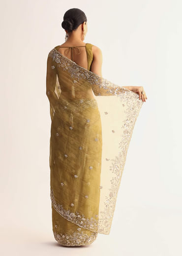 Occur Yellow Tissue Floral Saree With Scallop Embroidered Border