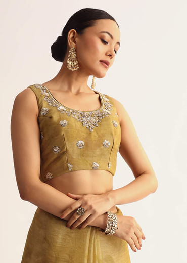 Occur Yellow Tissue Floral Saree With Scallop Embroidered Border