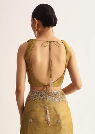 Occur Yellow Tissue Floral Saree With Scallop Embroidered Border