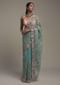 Ocean Green Saree In Organza With Hand Embroidery Work In Floral Design And Unstitched Blouse