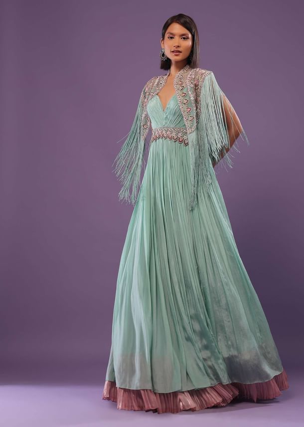 Sea Green Embroidered Gown In Crepe Sea Green Embroidered Gown In Crepe