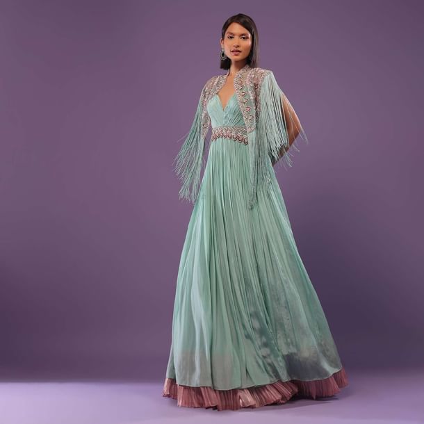 Sea Green Embroidered Gown In Crepe Sea Green Embroidered Gown In Crepe