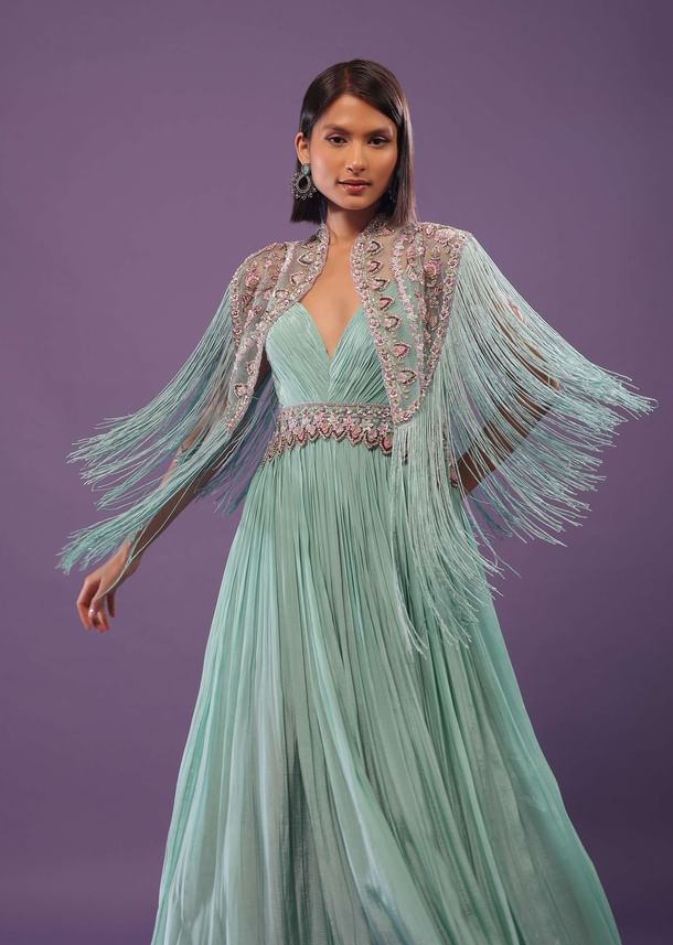Sea Green Embroidered Gown In Crepe Sea Green Embroidered Gown In Crepe