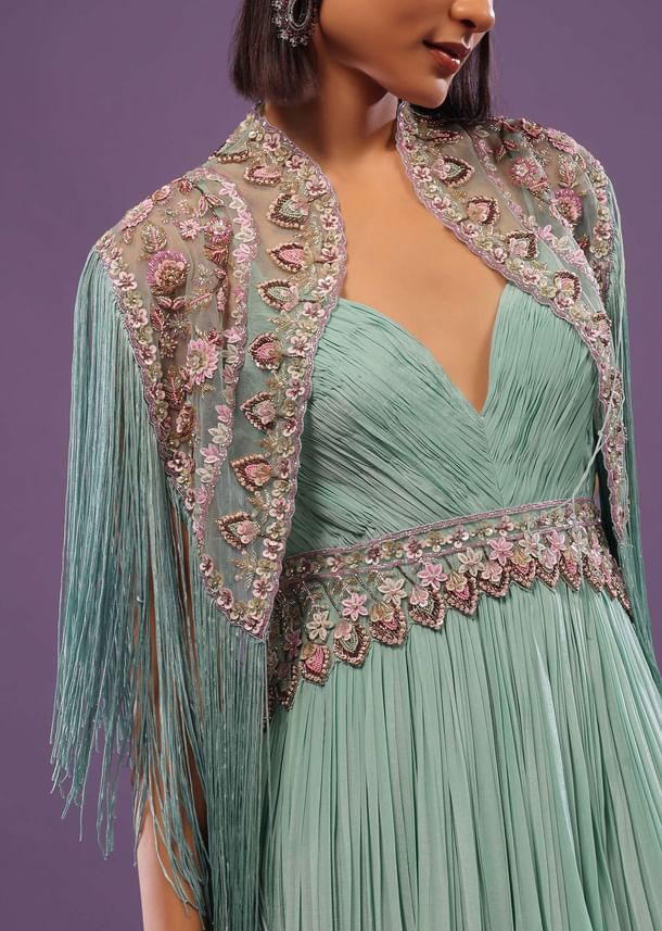 Sea Green Embroidered Gown In Crepe Sea Green Embroidered Gown In Crepe