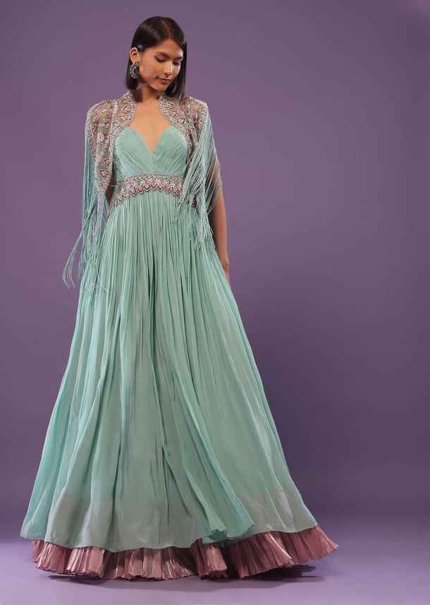 Sea Green Embroidered Gown In Crepe Sea Green Embroidered Gown In Crepe