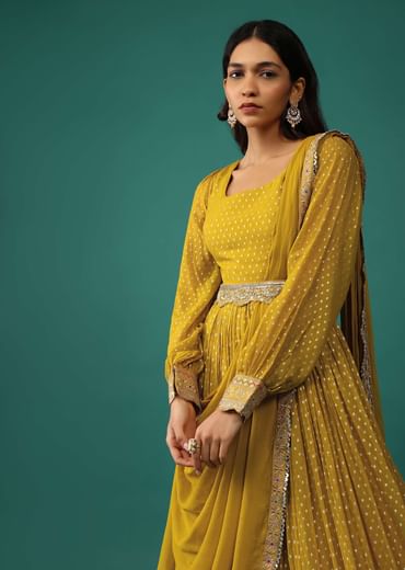 Ocher Yellow Anarkali Set In Georgette With Attached Drape