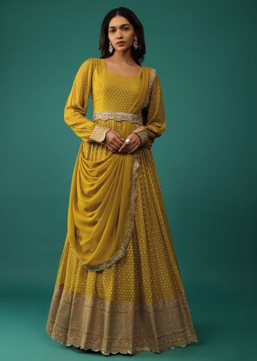 Ocher Yellow Anarkali Set In Georgette With Attached Drape