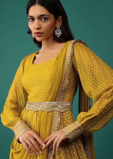 Ocher Yellow Anarkali Set In Georgette With Attached Drape