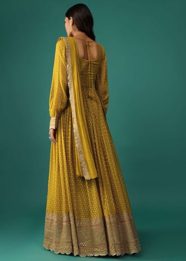 Ocher Yellow Anarkali Set In Georgette With Attached Drape
