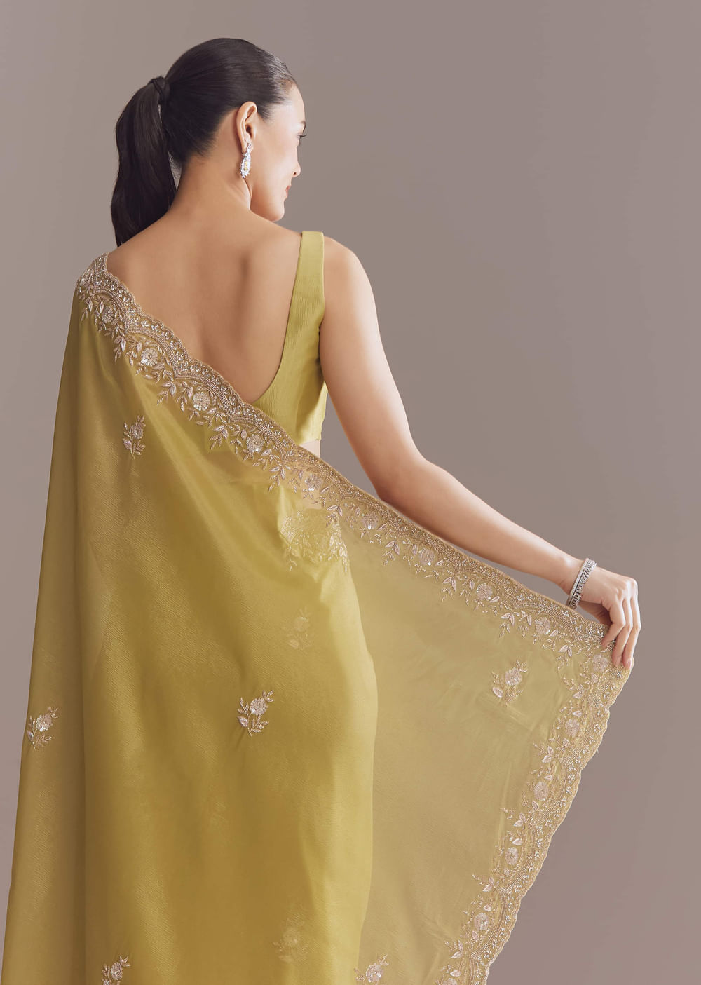 Ochre Yellow Tissue Saree With Zardosi And Stone Embroidery