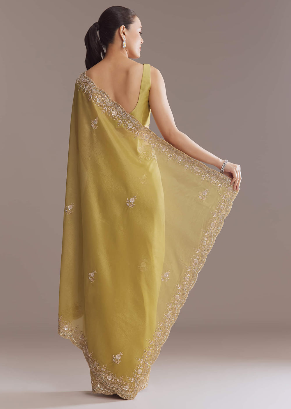 Ochre Yellow Tissue Saree With Zardosi And Stone Embroidery