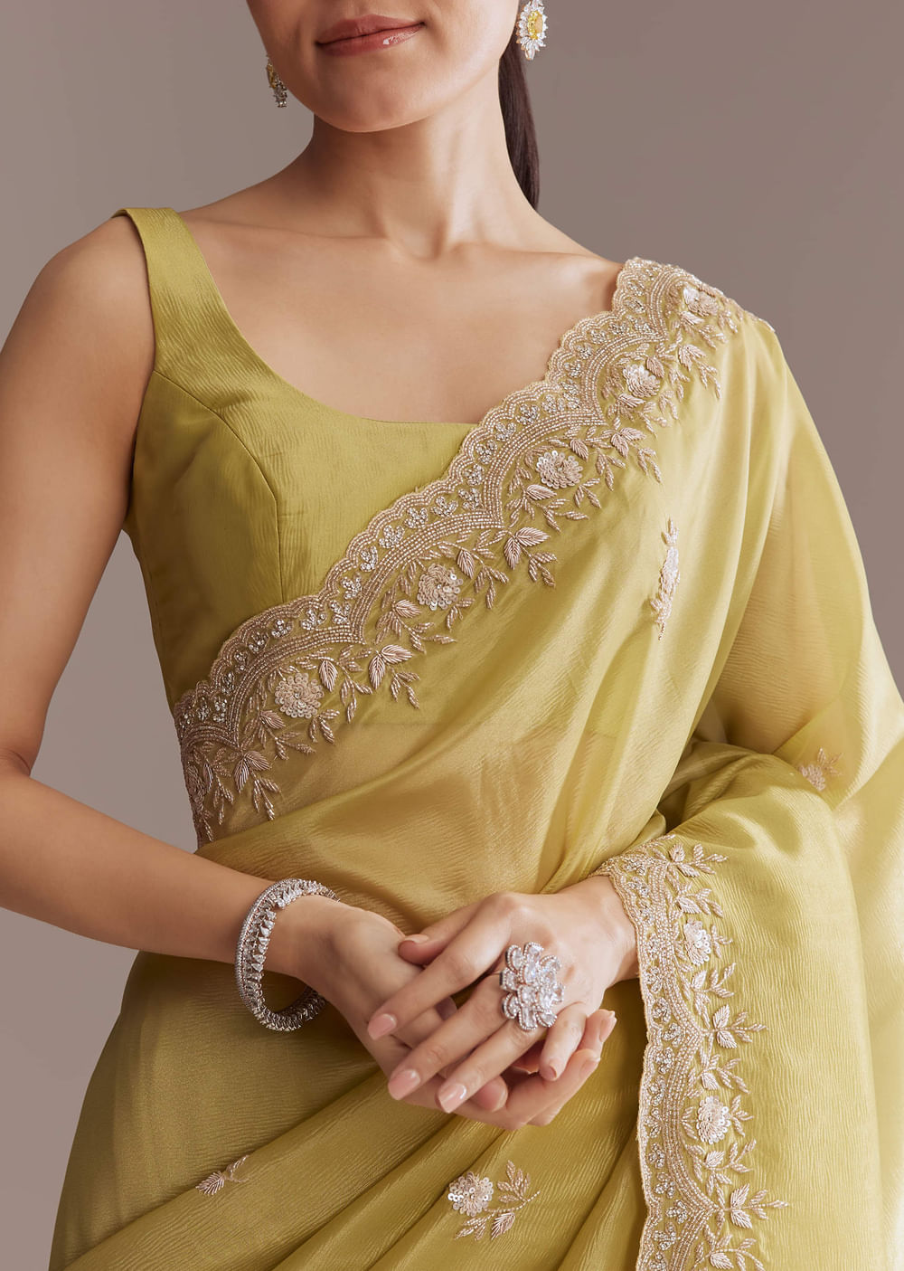 Ochre Yellow Tissue Saree With Zardosi And Stone Embroidery