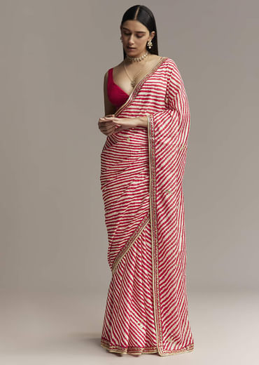 Off White And Red Striped Chinnon Saree With Gota Work