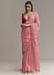 Off White And Red Striped Chinnon Saree With Gota Work