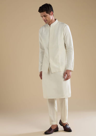 Off White Banarasi Silk Jacket Kurta Set with Cutdana Work