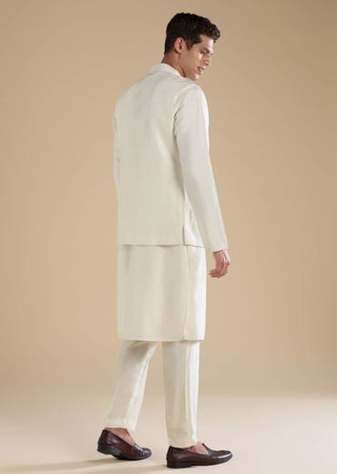 Off White Banarasi Silk Jacket Kurta Set with Cutdana Work