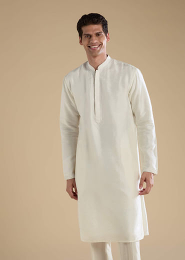 Off White Banarasi Silk Jacket Kurta Set with Cutdana Work