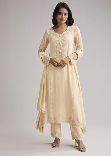 Off White Beaded Kurti Pant Set With Dupatta