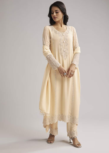 Off White Beaded Kurti Pant Set With Dupatta