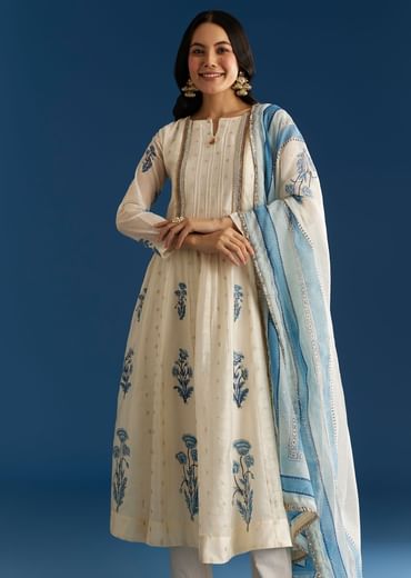 Off White Block Print Anarkali With Zardosi Yoke And Block Print Dupatta