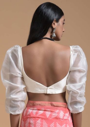 Off White Blouse In Raw Silk With Fancy Puffed Organza Sleeves And Sweetheart Neckline