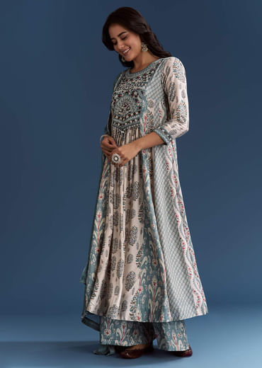 Off White Blue Muslin Anarkali With Print Detail