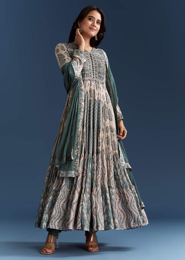 Off White Blue Printed Muslin Anarkali With Dupatta