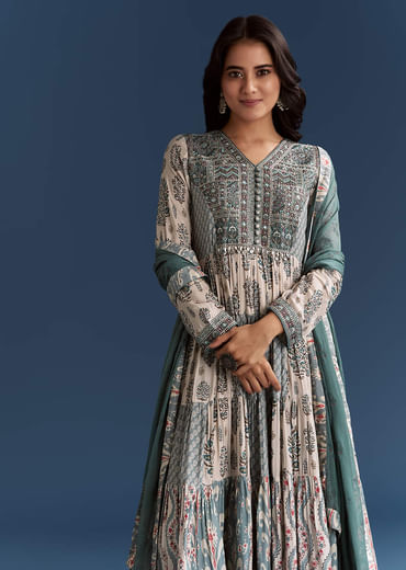 Off White Blue Printed Muslin Anarkali With Dupatta
