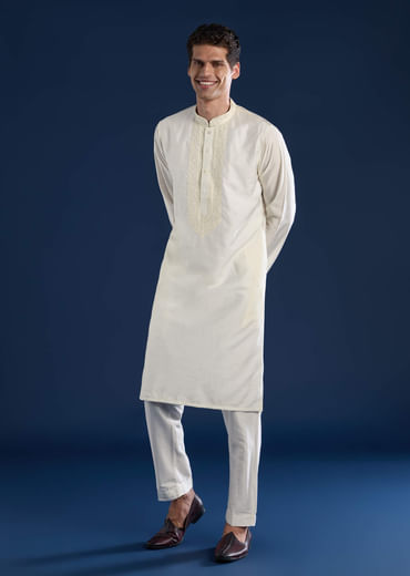 Off White Chanderi Kashmiri Work Mens Kurta and Pant Set