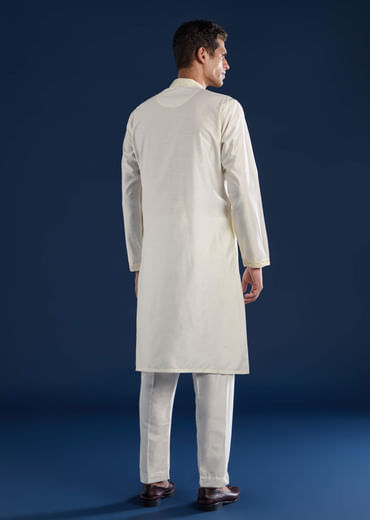Off White Chanderi Kashmiri Work Mens Kurta and Pant Set