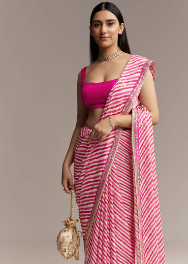 Off White Chinnon Saree With Pink Striped Print And Gota Detailing