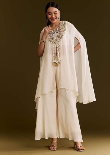 Off White Chinon Cape Suit With Zardosi And Moti Embroidery