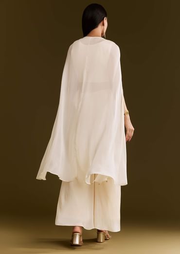 Off White Chinon Cape Suit With Zardosi And Moti Embroidery