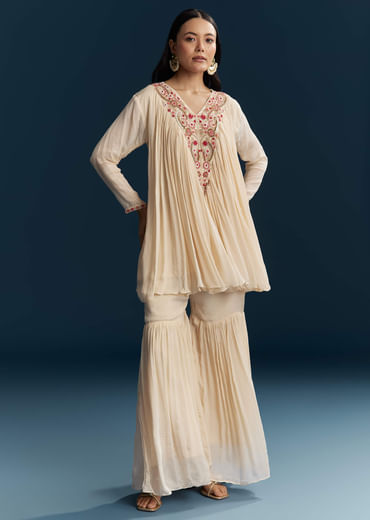 Off White Chinon Indo Western Top And Sharara Set With Zardosi Work
