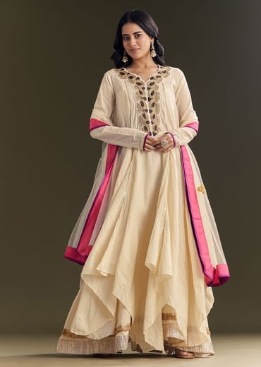 Off White Cora Cotton Asymmetrical Kurta Palazzo With Net Dupatta