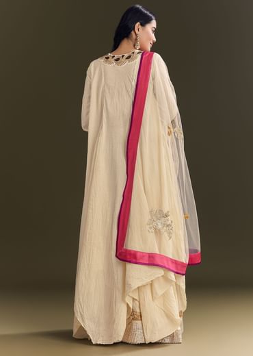 Off White Cora Cotton Asymmetrical Kurta Palazzo With Net Dupatta