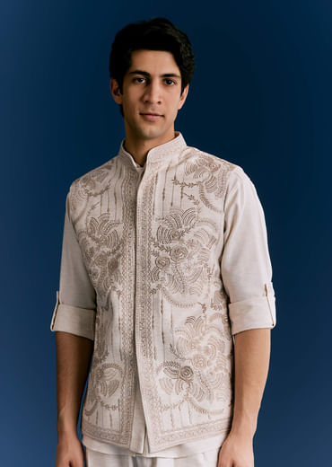 Off White Cotton Kurta Jacket Set With Embroidery